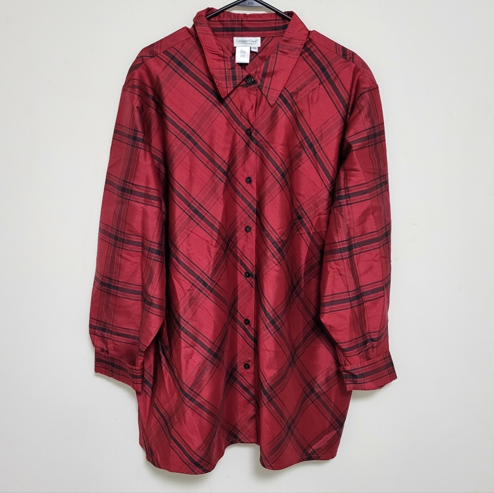 Coldwater Creek Silk Button Up Blouse Top Red Plaid Holiday Christmas Size 3X